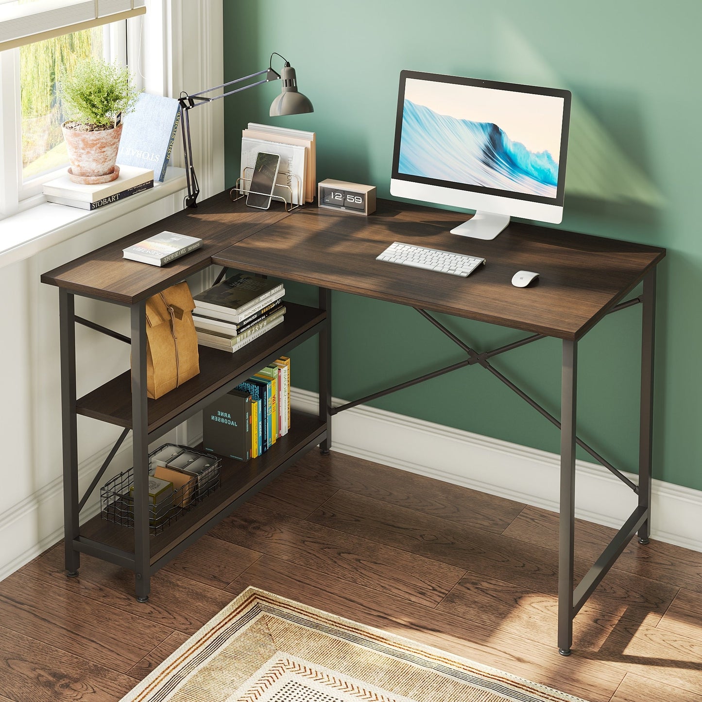 Bureau en forme de L avec étagères de rangement, bureau d'ordinateur d'angle.
