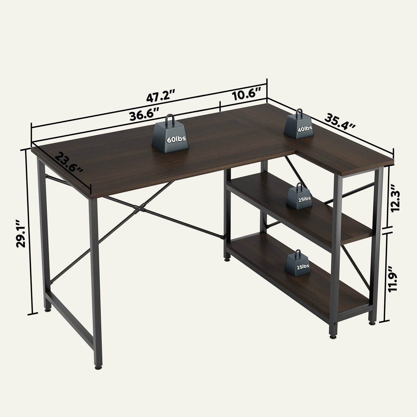 Bureau en forme de L avec étagères de rangement, bureau d'ordinateur d'angle.