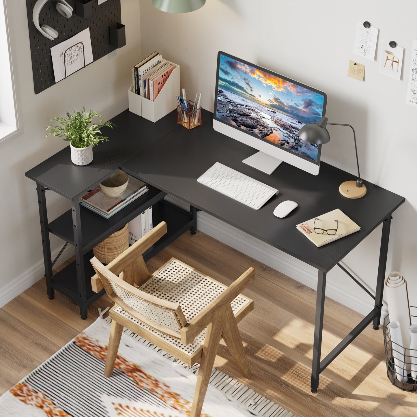 Bureau en forme de L avec étagères de rangement, bureau d'ordinateur d'angle.