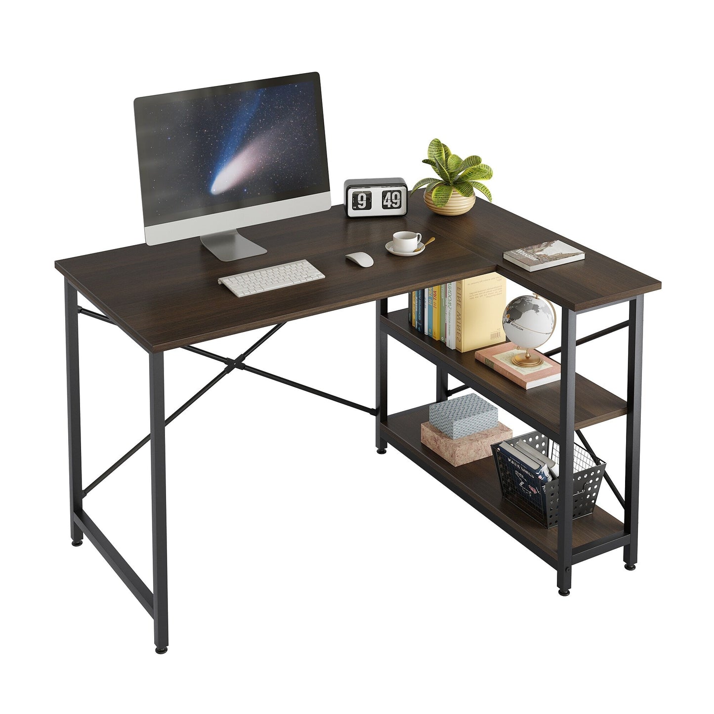 Bureau en forme de L avec étagères de rangement, bureau d'ordinateur d'angle.