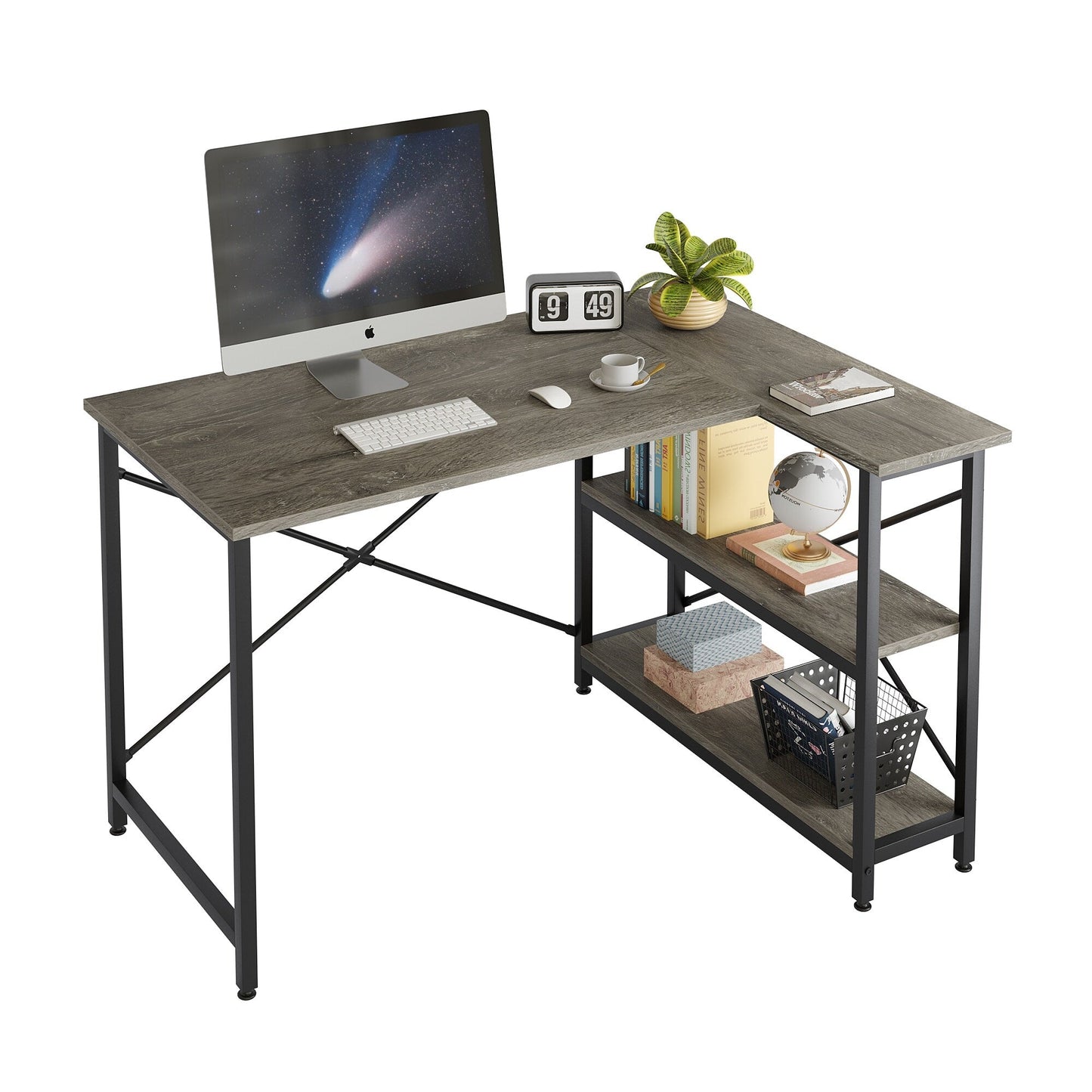 Bureau en forme de L avec étagères de rangement, bureau d'ordinateur d'angle.