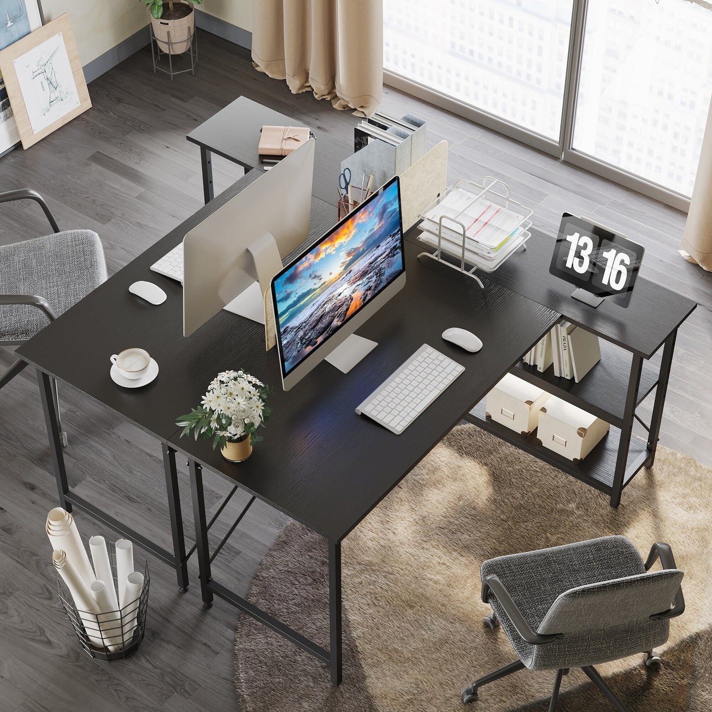 Bureau en forme de L avec étagères de rangement, bureau d'ordinateur d'angle.
