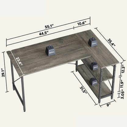 Bureau en forme de L avec étagères de rangement, bureau d'ordinateur d'angle.