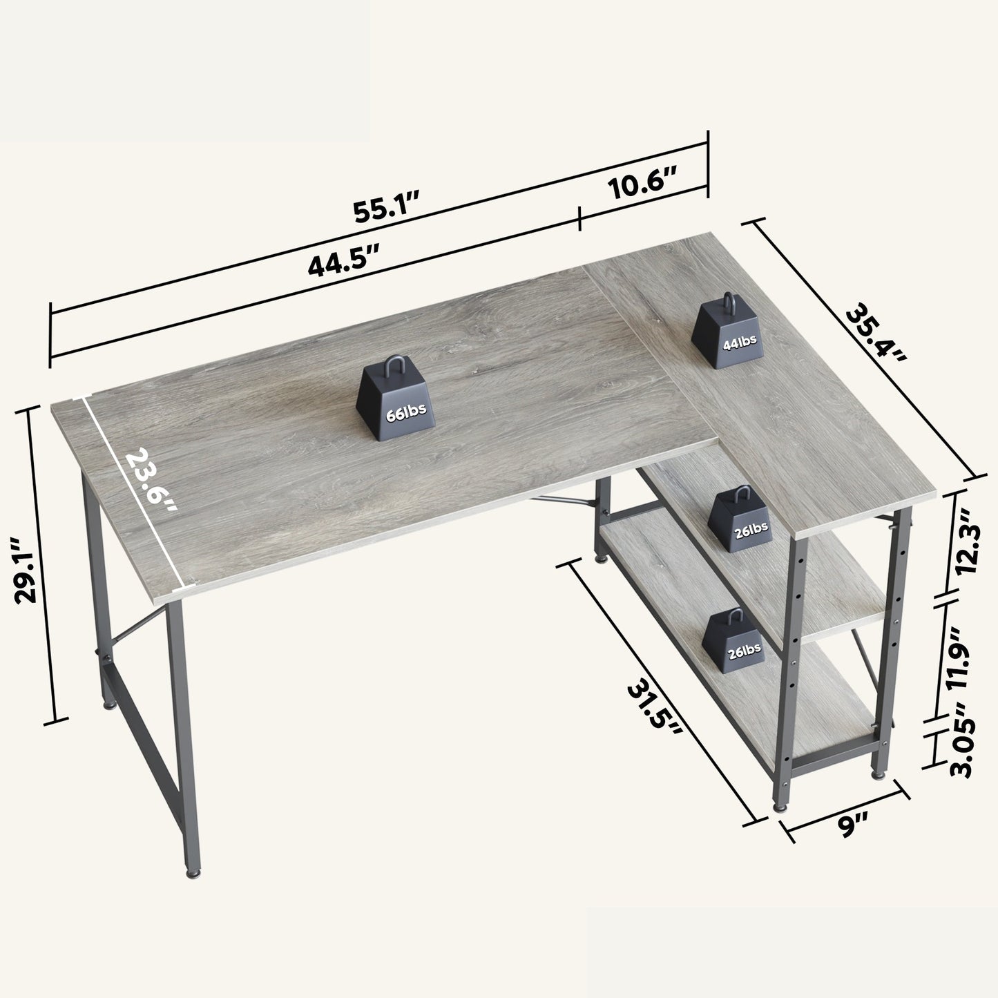 Bureau en forme de L avec étagères de rangement, bureau d'ordinateur d'angle.