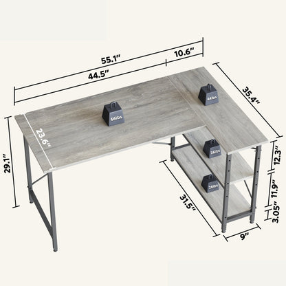 Bureau en forme de L avec étagères de rangement, bureau d'ordinateur d'angle.