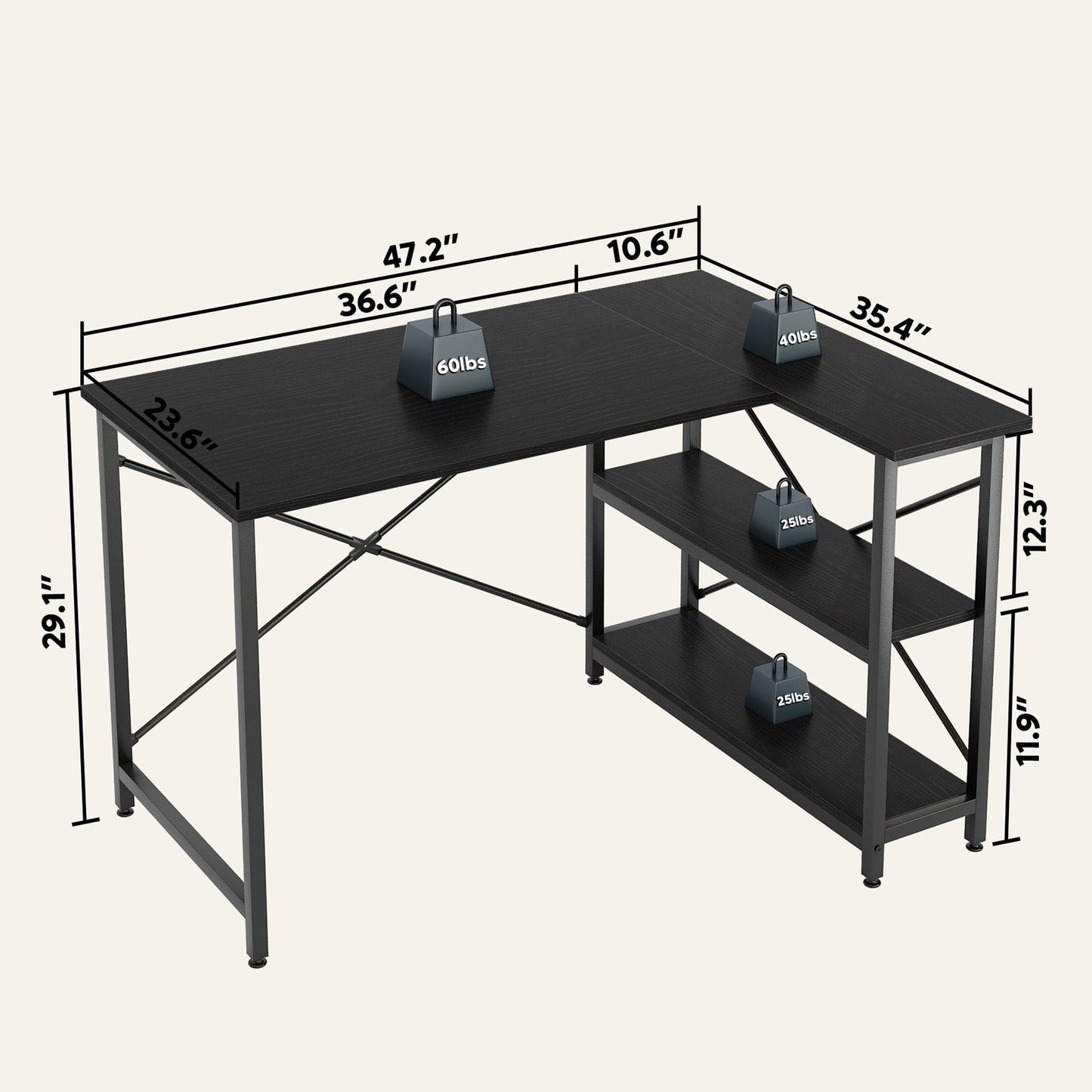Bureau en forme de L avec étagères de rangement, bureau d'ordinateur d'angle.