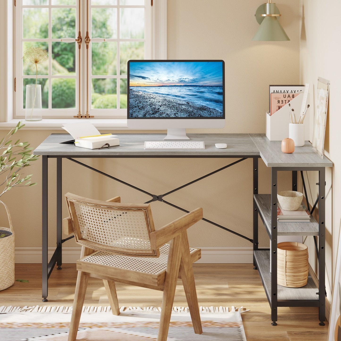 Bureau en forme de L avec étagères de rangement, bureau d'ordinateur d'angle.
