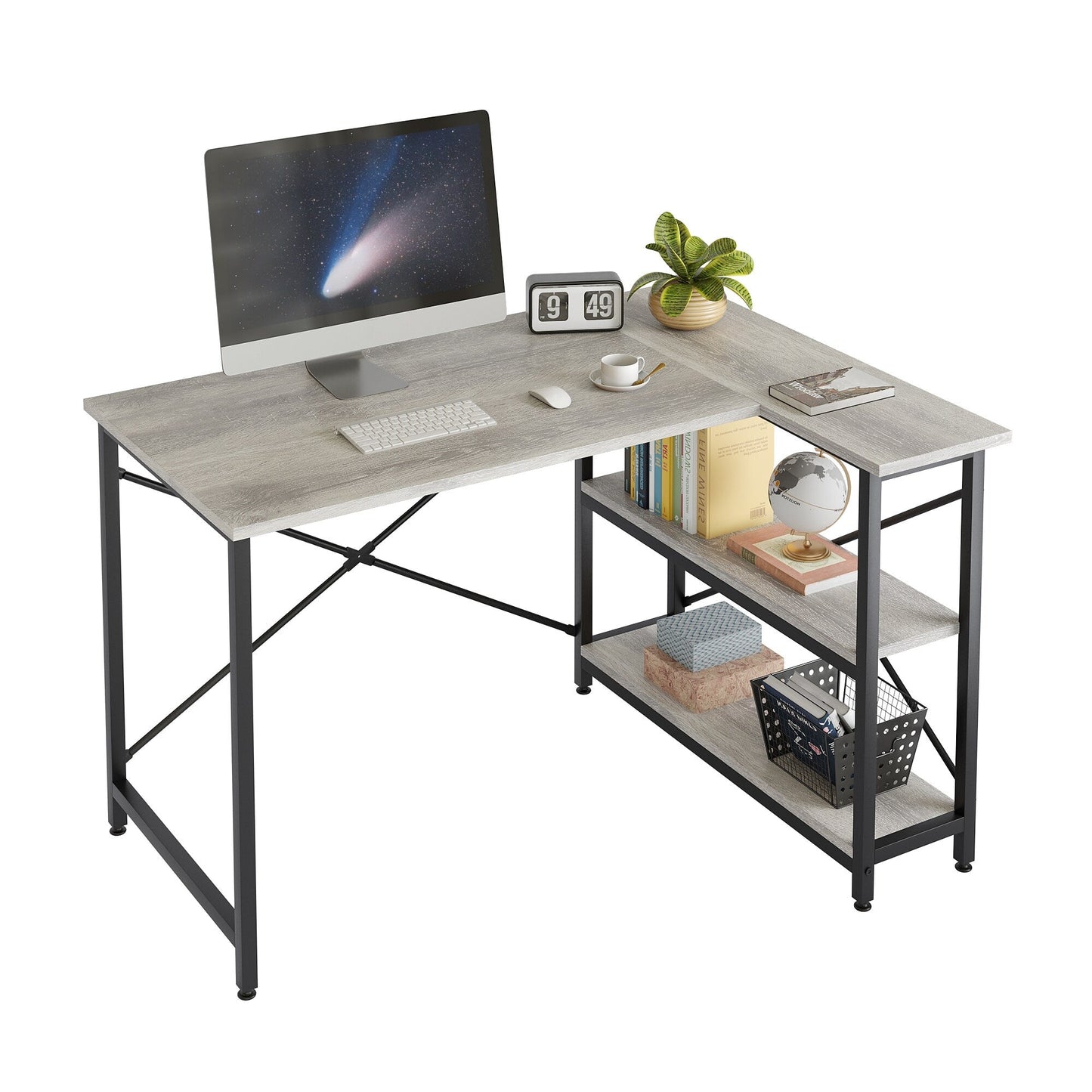 Bureau en forme de L avec étagères de rangement, bureau d'ordinateur d'angle.