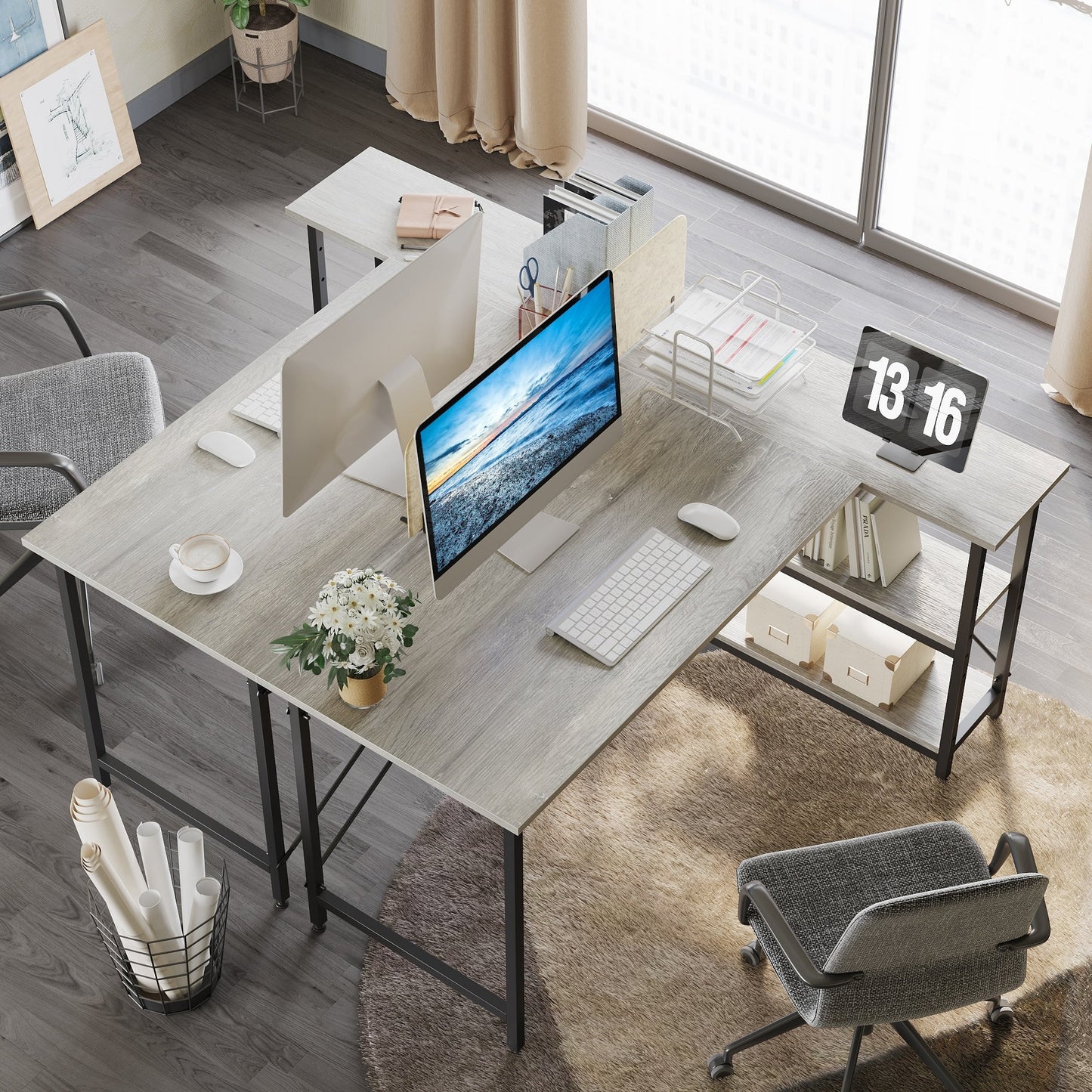 Bureau en forme de L avec étagères de rangement, bureau d'ordinateur d'angle.