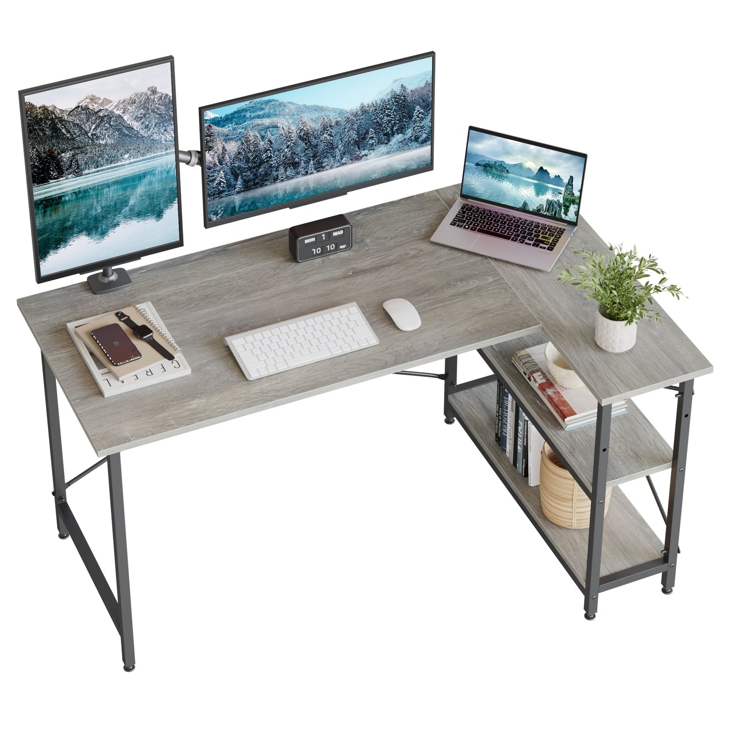 Bureau en forme de L avec étagères de rangement, bureau d'ordinateur d'angle.