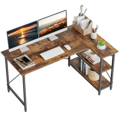 Bureau en forme de L avec étagères de rangement, bureau d'ordinateur d'angle.