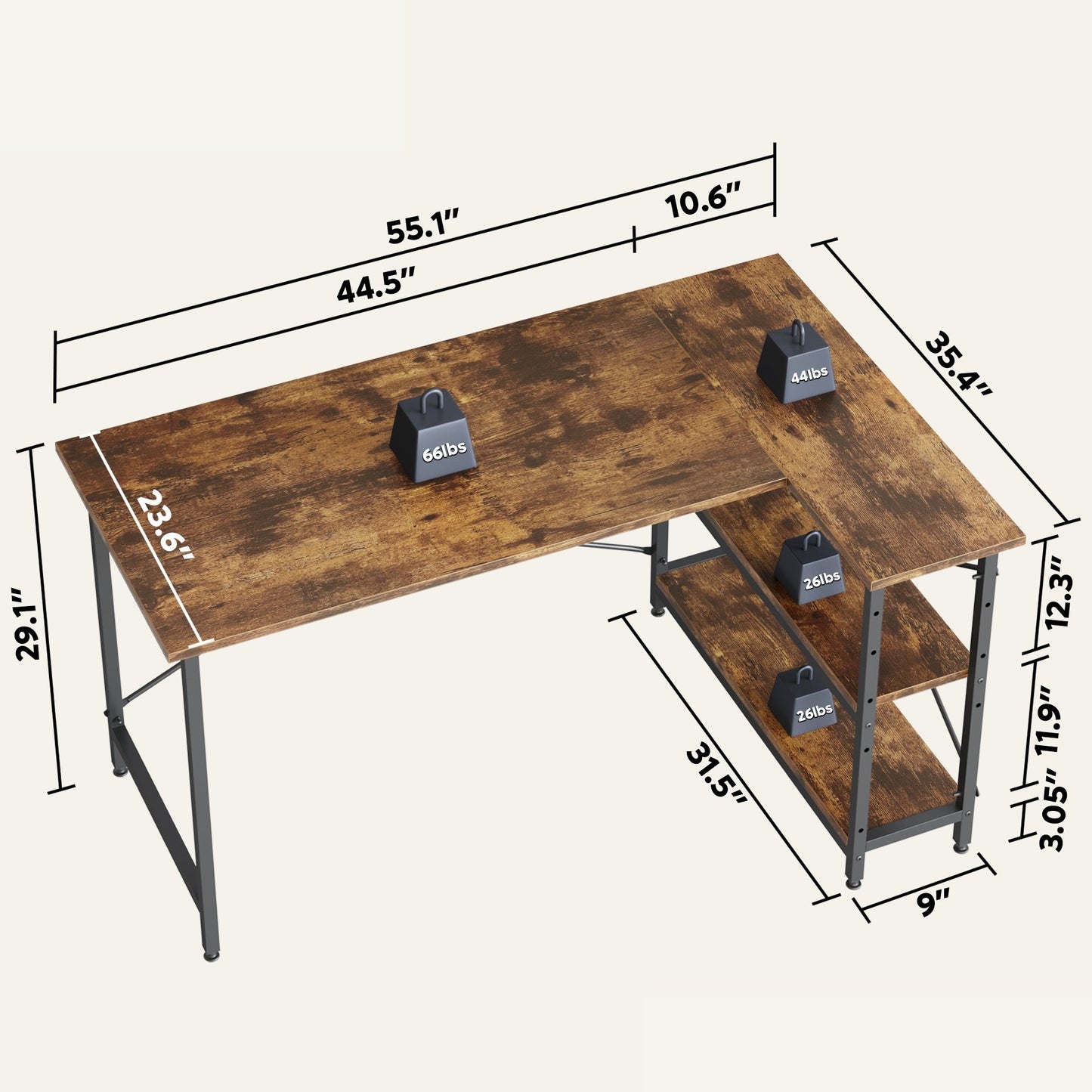 Bureau en forme de L avec étagères de rangement, bureau d'ordinateur d'angle.