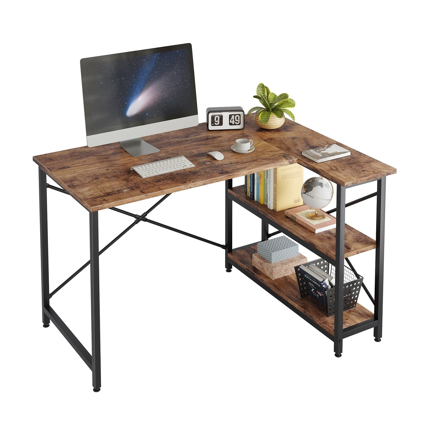 Bureau en forme de L avec étagères de rangement, bureau d'ordinateur d'angle.