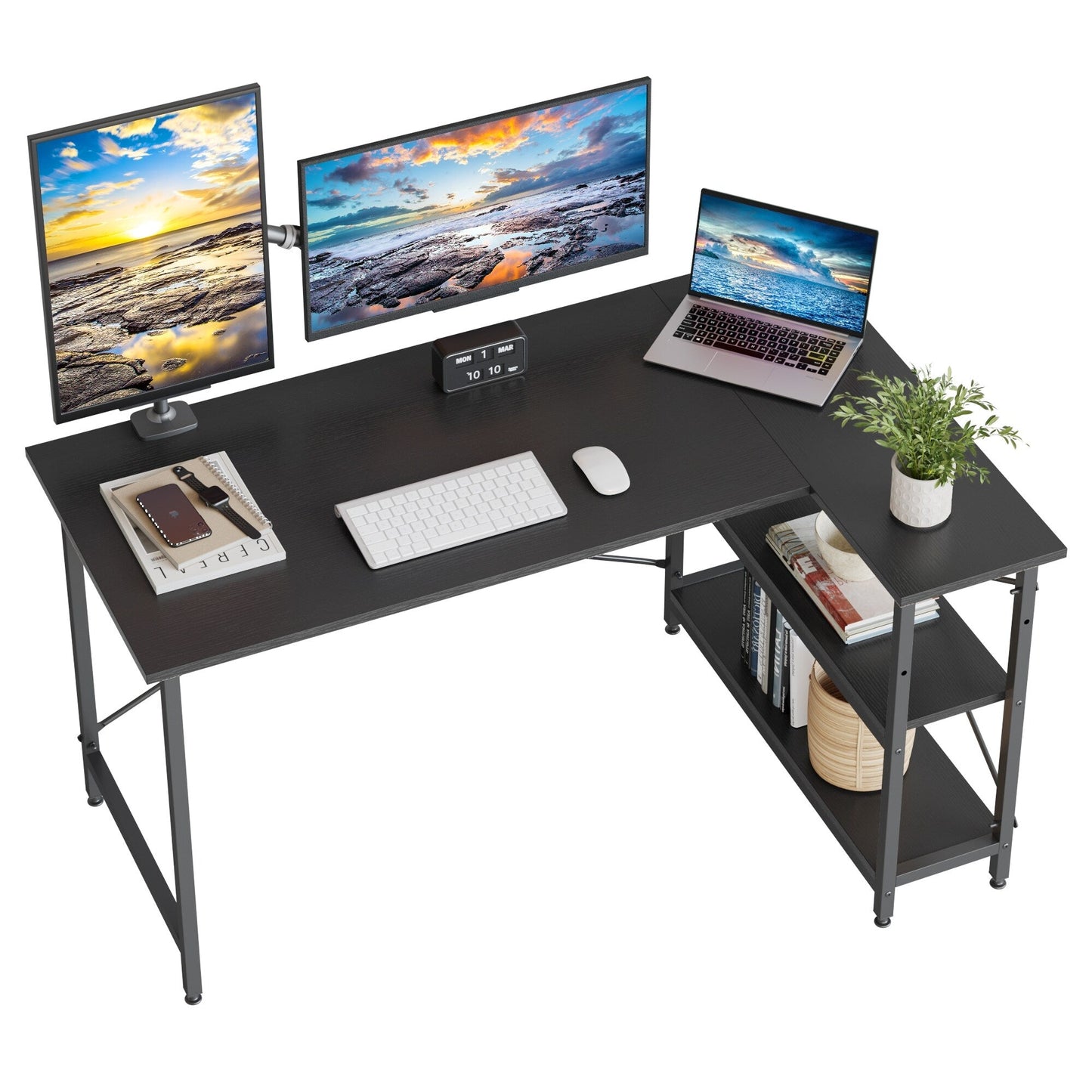 Bureau en forme de L avec étagères de rangement, bureau d'ordinateur d'angle.