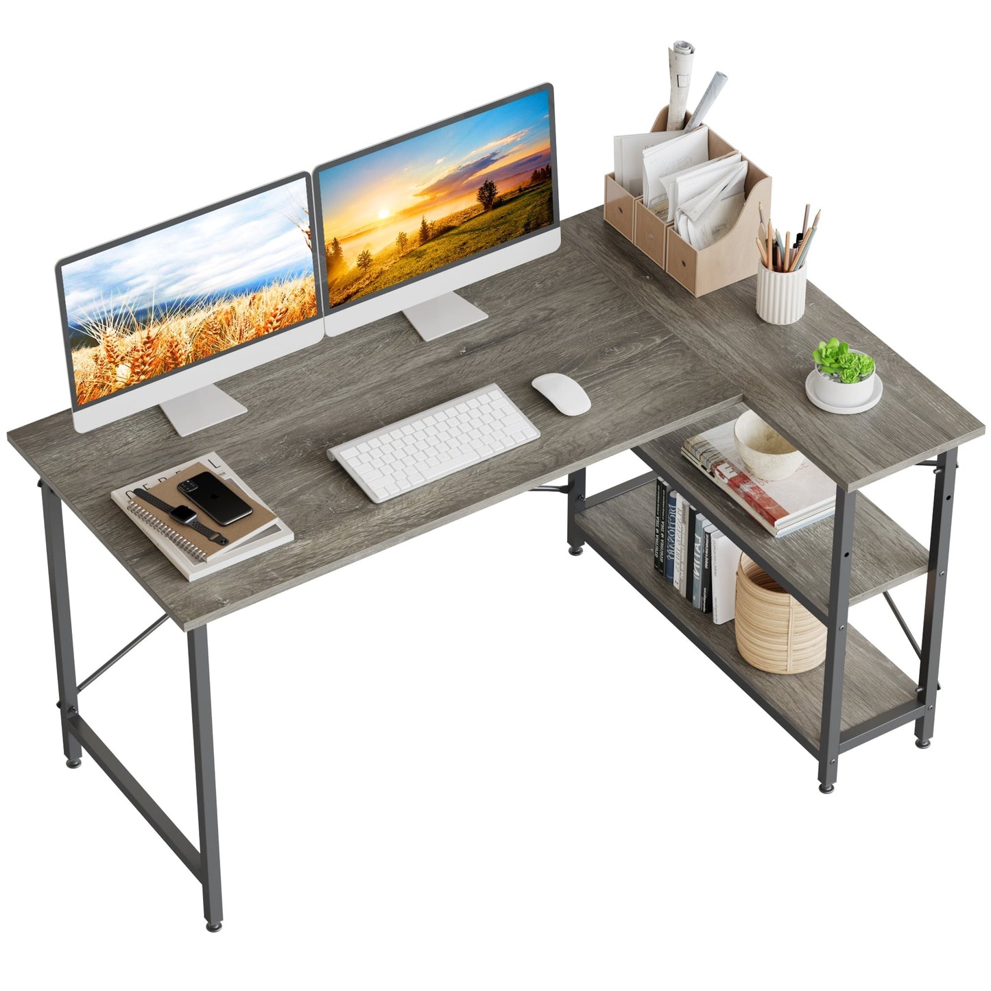 Bureau en forme de L avec étagères de rangement, bureau d'ordinateur d'angle.