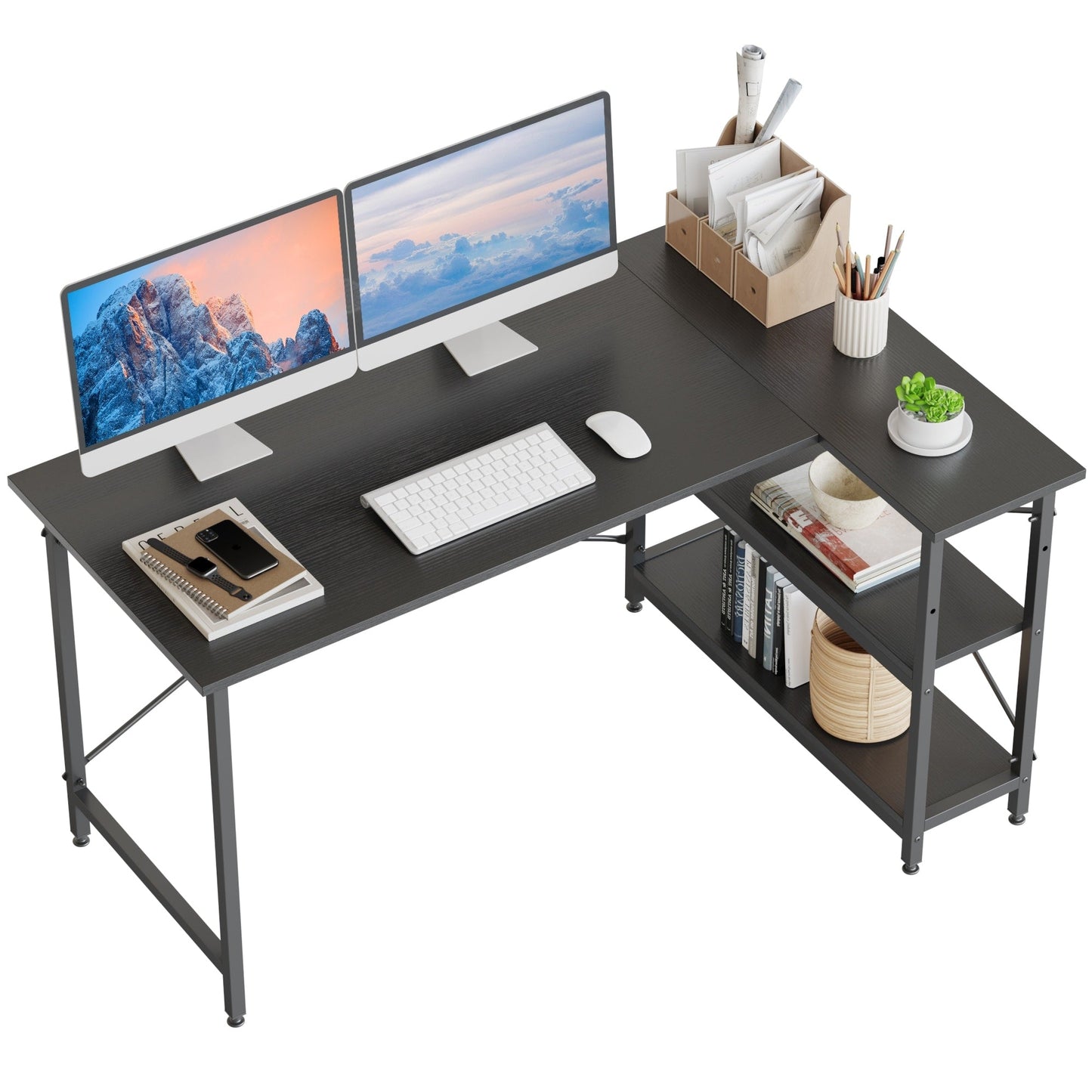 Bureau en forme de L avec étagères de rangement, bureau d'ordinateur d'angle.