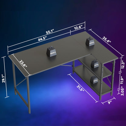 Bureau en forme de L avec étagères de rangement, bureau d'ordinateur d'angle.