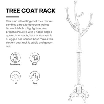 Porte-manteau sur pied en bois de caoutchouc en forme de branche d'arbre avec 8 crochets - 62,2 cm (l) x 179,5 cm (h)