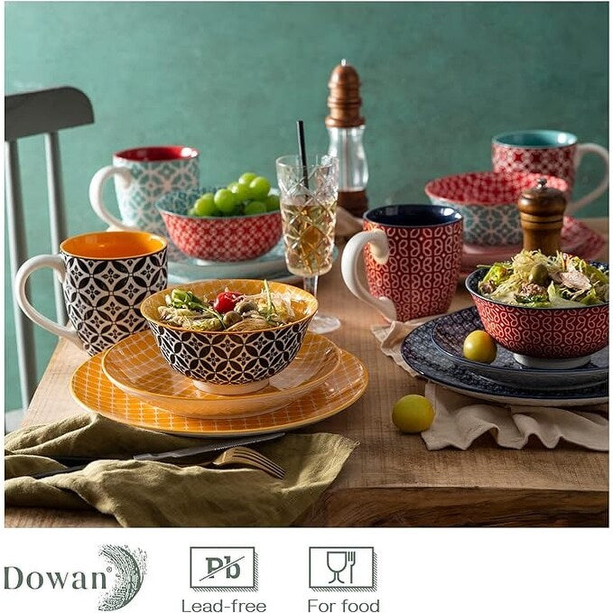 Service de vaisselle en céramique DOWAN, ensemble de 16 pièces pour 4 personnes, assiettes et bols décoratifs.