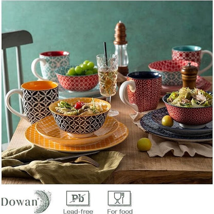 Service de vaisselle en céramique DOWAN, ensemble de 16 pièces pour 4 personnes, assiettes et bols décoratifs.