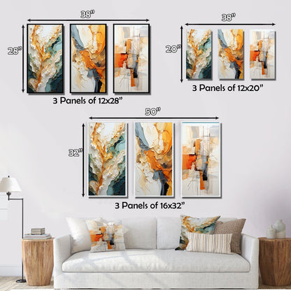 Designart Ensemble de 3 tableaux muraux encadrés représentant des lignes oranges et blanches, une abstraction organique, pour la décoration du salon.