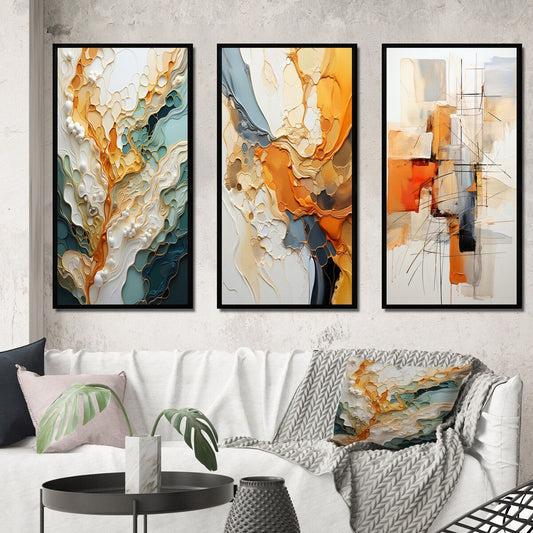 Designart Ensemble de 3 tableaux muraux encadrés représentant des lignes oranges et blanches, une abstraction organique, pour la décoration du salon.