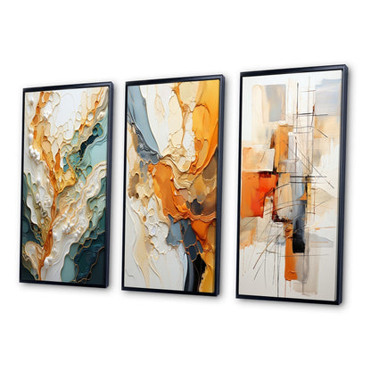 Designart Ensemble de 3 tableaux muraux encadrés représentant des lignes oranges et blanches, une abstraction organique, pour la décoration du salon.