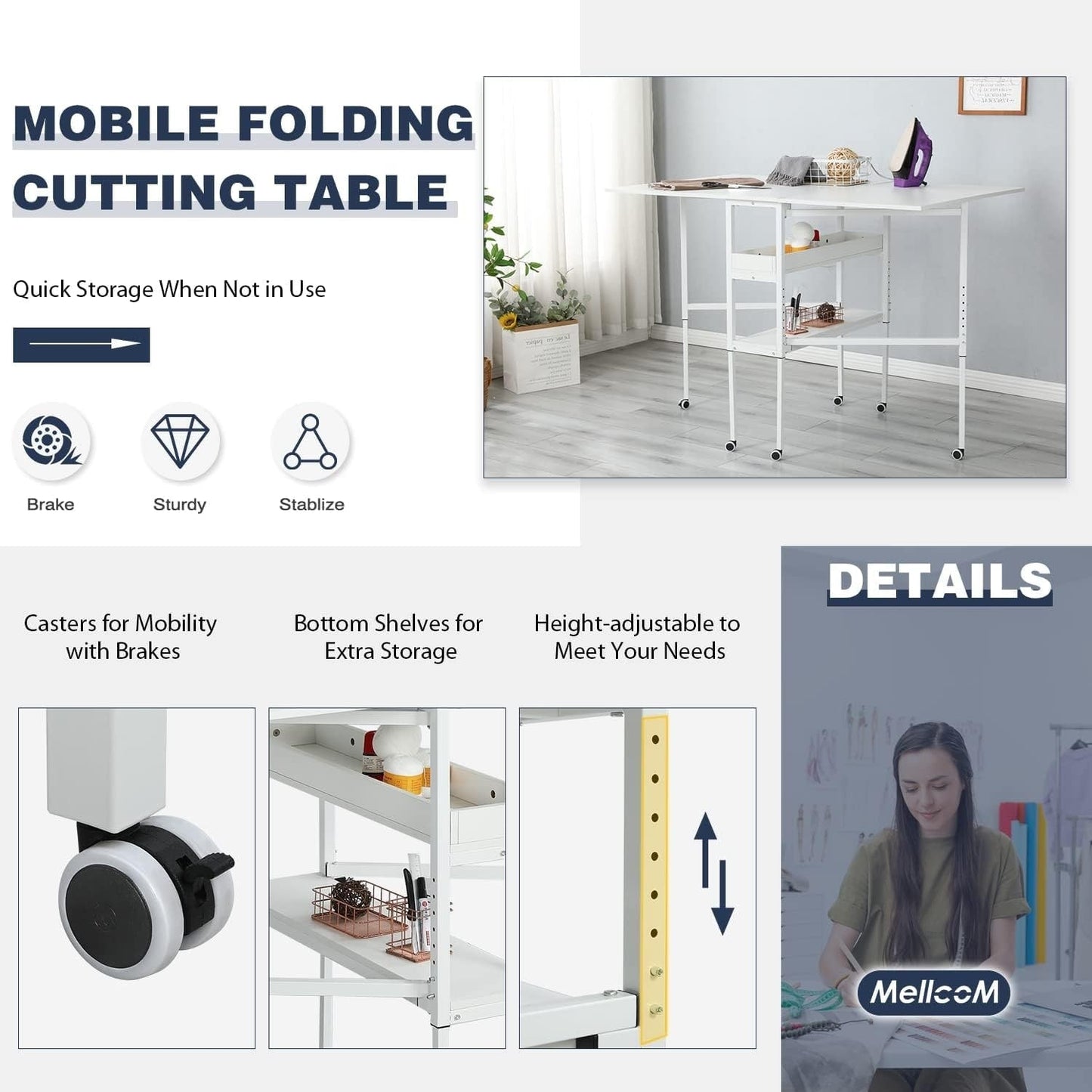 Table d'artisanat à hauteur réglable avec étagères de rangement, table de coupe pliable mobile pour maison, bureau, salle de couture, salle d'artisanat