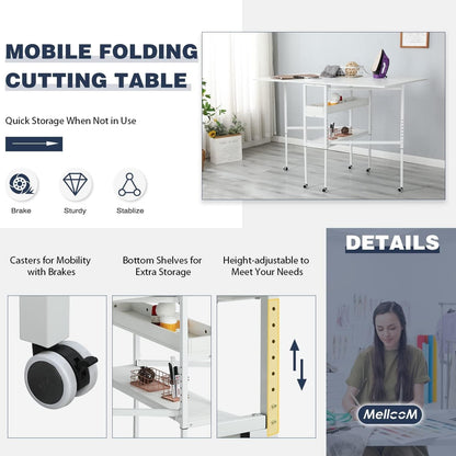 Table d'artisanat à hauteur réglable avec étagères de rangement, table de coupe pliable mobile pour maison, bureau, salle de couture, salle d'artisanat