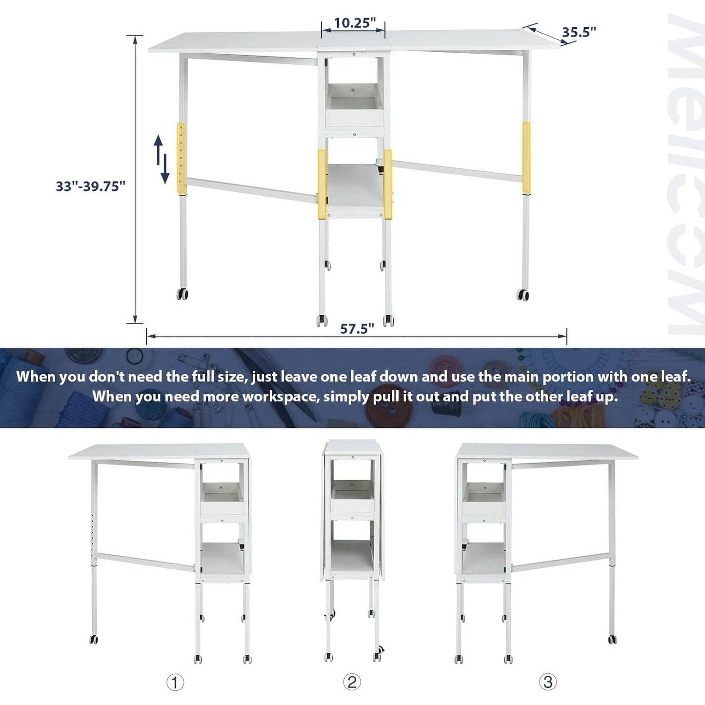 Table d'artisanat à hauteur réglable avec étagères de rangement, table de coupe pliable mobile pour maison, bureau, salle de couture, salle d'artisanat