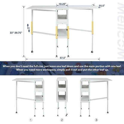 Table d'artisanat à hauteur réglable avec étagères de rangement, table de coupe pliable mobile pour maison, bureau, salle de couture, salle d'artisanat