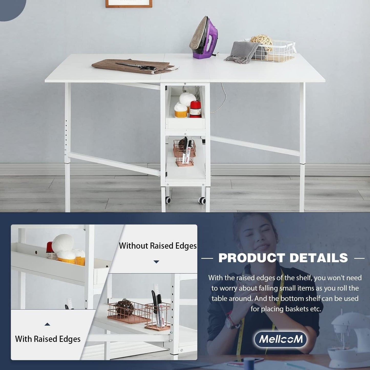 Table d'artisanat à hauteur réglable avec étagères de rangement, table de coupe pliable mobile pour maison, bureau, salle de couture, salle d'artisanat
