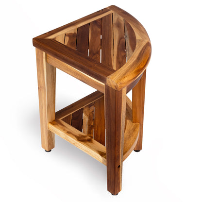 EcoDecors, Snazzy Corner, Banc de douche en teck, Tabouret de douche en teck, Tabouret de douche d'angle, Banc de douche d'angle en teck, Avec étagère