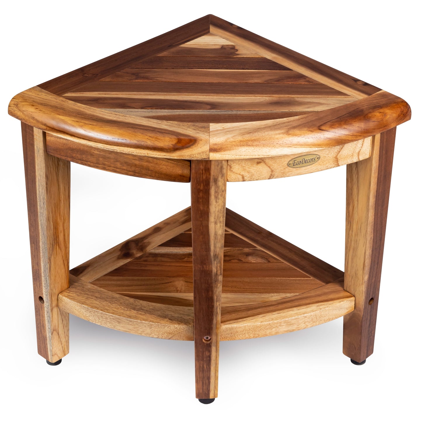 EcoDecors, Snazzy Corner, Banc de douche en teck, Tabouret de douche en teck, Tabouret de douche d'angle, Banc de douche d'angle en teck, Avec étagère
