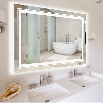 Grand miroir de salle de bain à éclairage LED, anti-buée, avec support mural, 3 couleurs