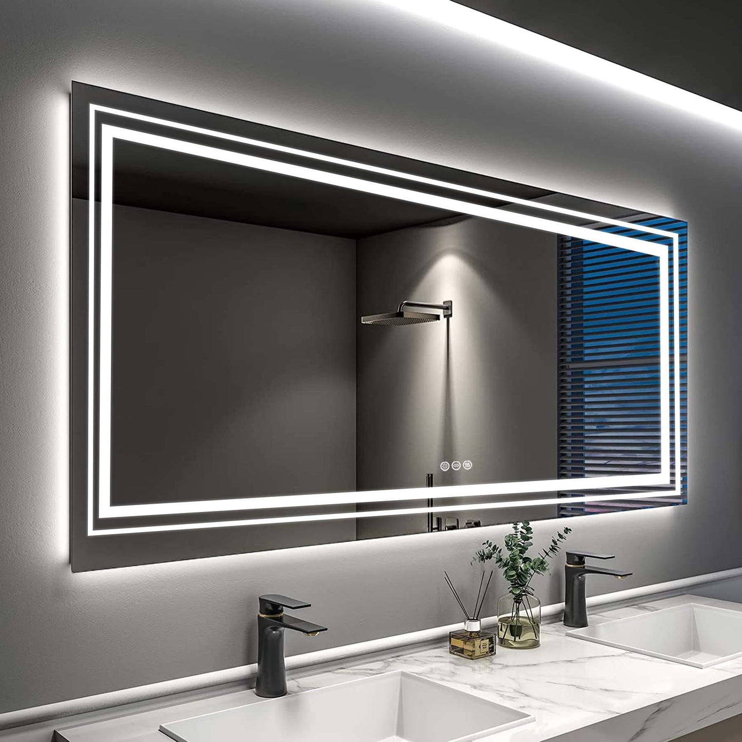 Grand miroir de salle de bain à éclairage LED, anti-buée, avec support mural, 3 couleurs