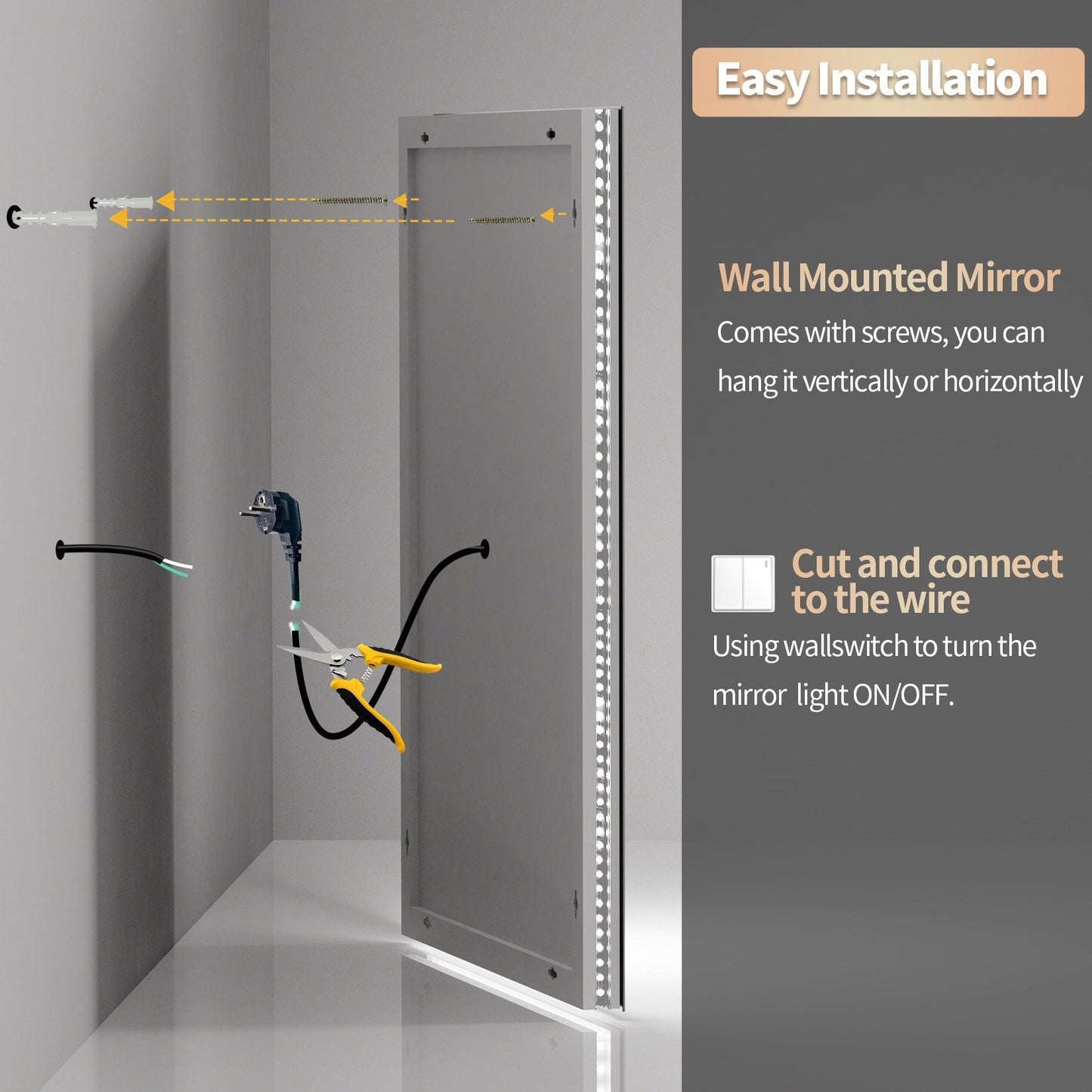Grand miroir de salle de bain à éclairage LED, anti-buée, avec support mural, 3 couleurs