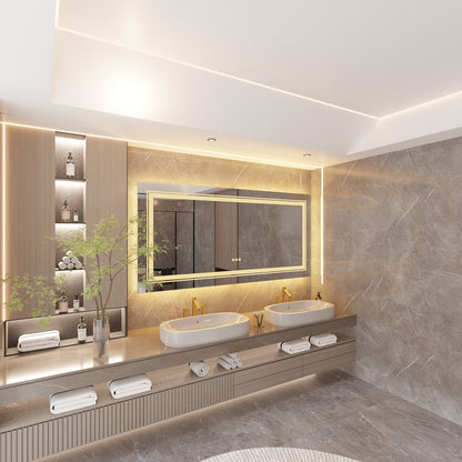 Grand miroir de salle de bain à éclairage LED, anti-buée, avec support mural, 3 couleurs