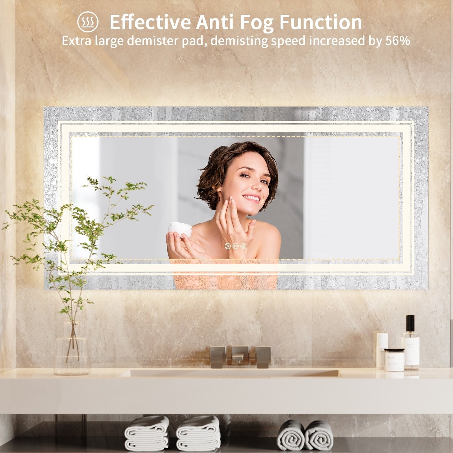 Grand miroir de salle de bain à éclairage LED, anti-buée, avec support mural, 3 couleurs