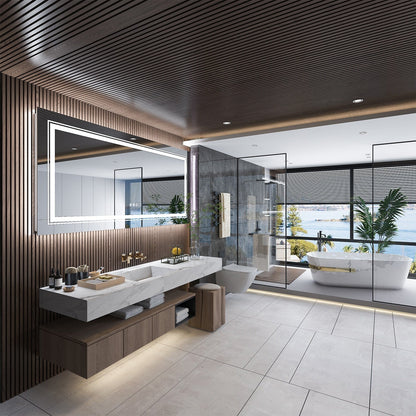 Grand miroir de salle de bain à éclairage LED, anti-buée, avec support mural, 3 couleurs