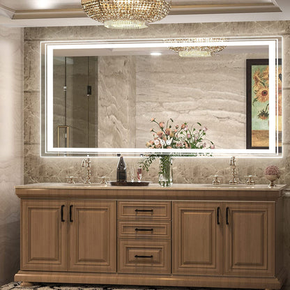 Grand miroir de salle de bain à éclairage LED, anti-buée, avec support mural, 3 couleurs