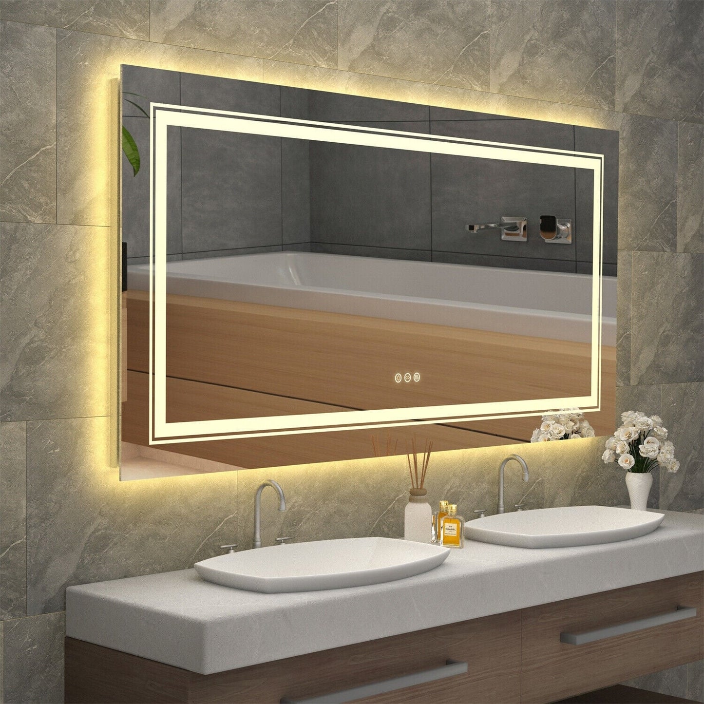 Grand miroir de salle de bain à éclairage LED, anti-buée, avec support mural, 3 couleurs