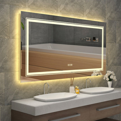 Grand miroir de salle de bain à éclairage LED, anti-buée, avec support mural, 3 couleurs