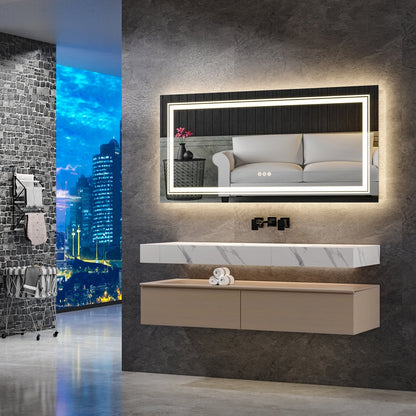Grand miroir de salle de bain à éclairage LED, anti-buée, avec support mural, 3 couleurs