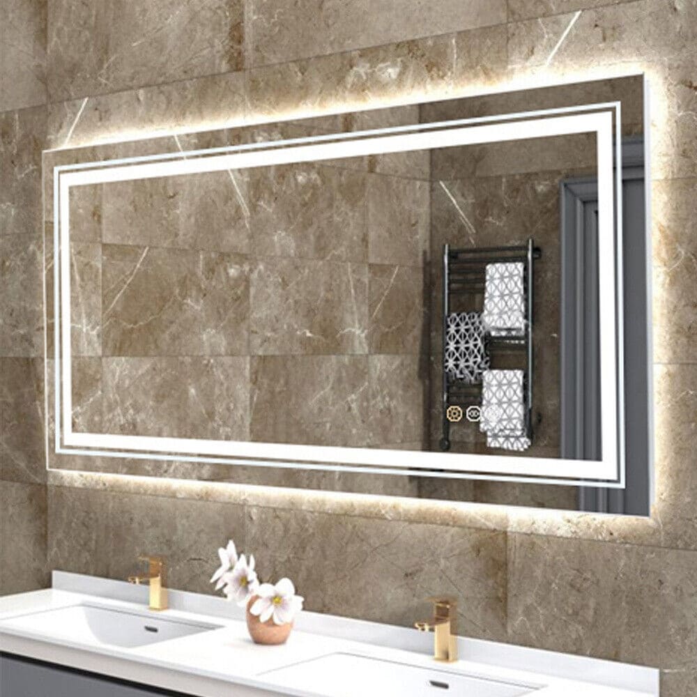 Grand miroir de salle de bain à éclairage LED, anti-buée, avec support mural, 3 couleurs