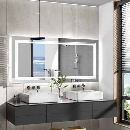 Grand miroir de salle de bain à éclairage LED, anti-buée, avec support mural, 3 couleurs