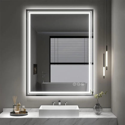 Grand miroir de salle de bain à éclairage LED, anti-buée, avec support mural, 3 couleurs