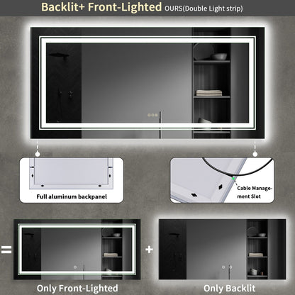 Grand miroir de salle de bain à éclairage LED, anti-buée, avec support mural, 3 couleurs