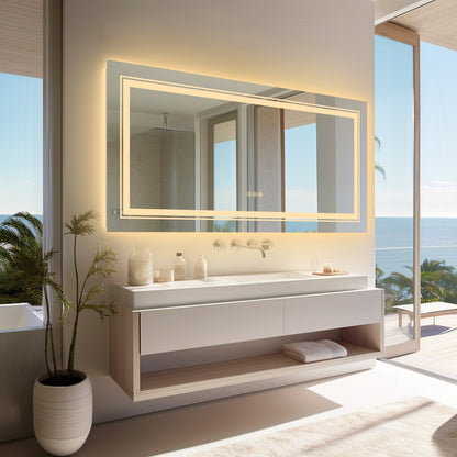 Grand miroir de salle de bain à éclairage LED, anti-buée, avec support mural, 3 couleurs