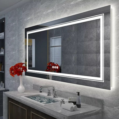 Grand miroir de salle de bain à éclairage LED, anti-buée, avec support mural, 3 couleurs